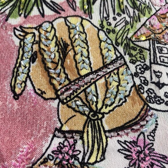 CAREN BROOK Top Beaded 3/4 Sleeve Artsy Watercolor Foliage Horse Blouse Womens L - Picture 7 of 12
